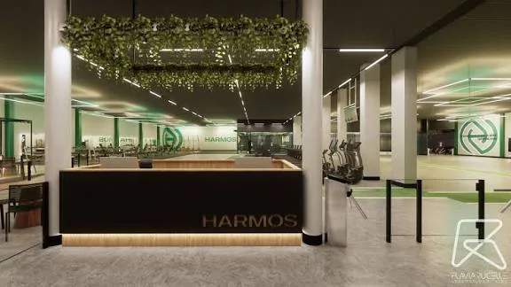 Projeto arquitetônico da recepção Harmos, com vegetação suspensa e balcão de atendimento.